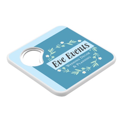 White plastic magnetic coaster with nickel bottle opener and full color custom imprint.