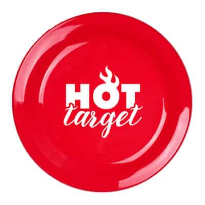 Plastic red flying disc with custom imprint.