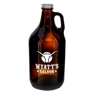 Amber beer growler with custom logo.
