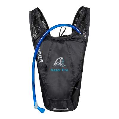 Black nylon and recycled polyester hydration backpack with embroidered logo.