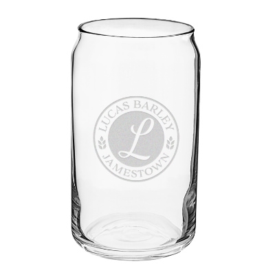 Clear beer glass with engraved logo.