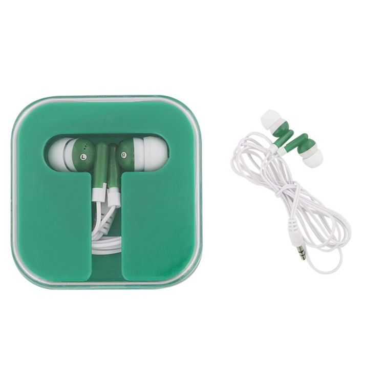 Plastic earbuds with compact case.