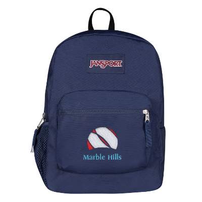 Recycled polyester blue backpack with embroidered logo.