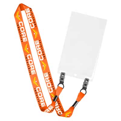 3/4 inch satin polyester custom full-color logo lanyard with double clip and event ID holder.