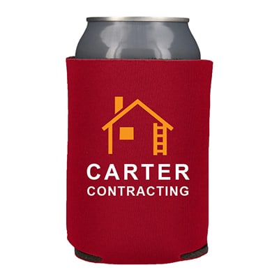 Foam red can cooler with custom two-color logo.