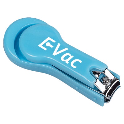 Blue plastic nail clipper with a personalized logo.