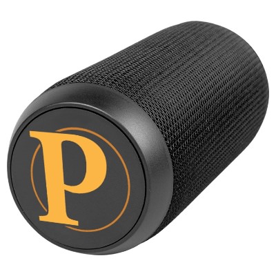 Black plastic speaker with a custom logo.