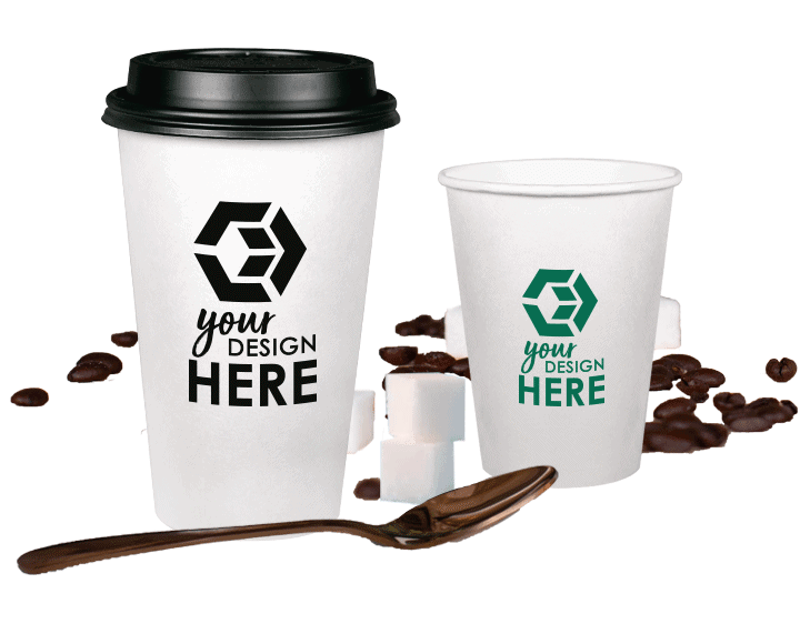 Custom paper cups white paper cup with black lid and black imprint and white paper cup with green imprint