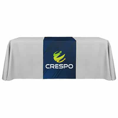 24 inches x 60 inches custom full-color polyester table runner with serged edges.