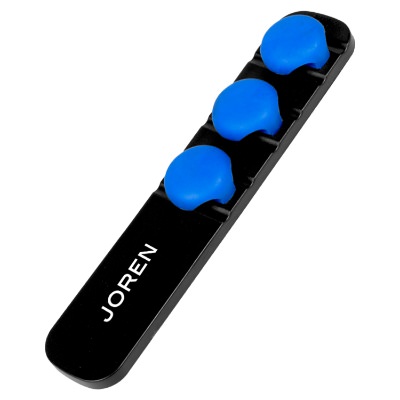 Blue plastic cable organizer with a branded logo.