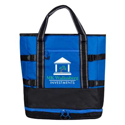 Blue backpack cooler with full-color logo.
