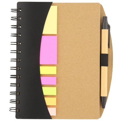 Small black and cardboard notebook with sticky notes.