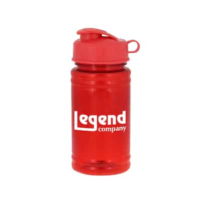 Upcycle plastic red water bottle with push pull lid and custom branding in 16 ounces.