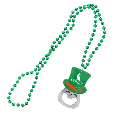 Green plastic and metal leprechaun bottle opener necklace with custom promotional logo.