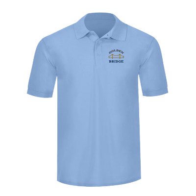 Light blue men's polo with embroidered imprint.