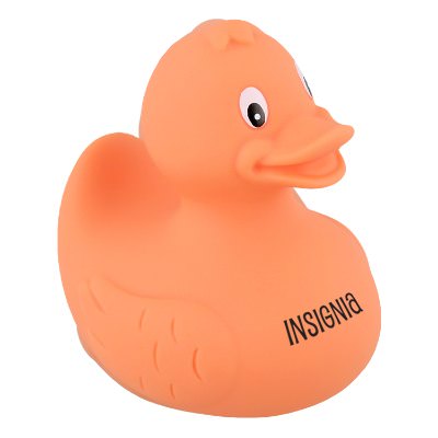 Plastic orange branded rubber duck.