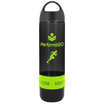 Plastic lime green water bottle with speaker and custom branding in 16 ounces.