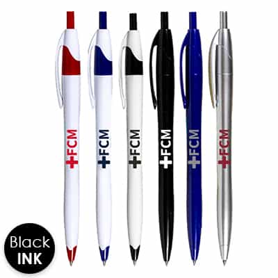 Plastic click pens with custom imprint.