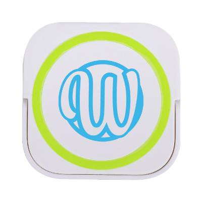 White with lime green plastic charger branded.