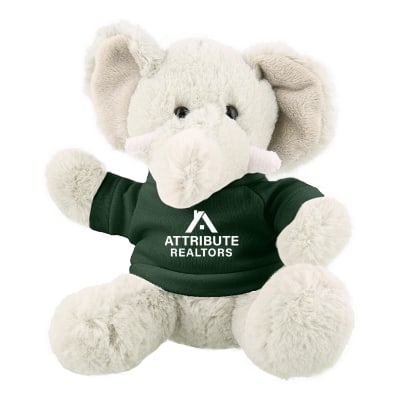 Plush and cotton elephant with forest green shirt with custom logo.