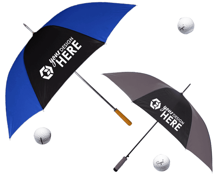 Black and blue custom golf umbrellas with white imprint and black and gray logo golf umbrellas with white imprint