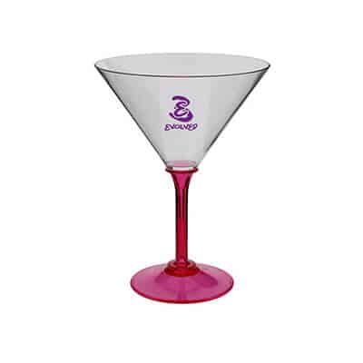 Acrylic pink martini glass with custom logo in 10 ounces.