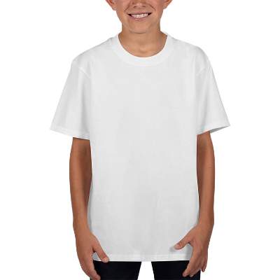Blank white youth custom imprinted short sleeve shirt.