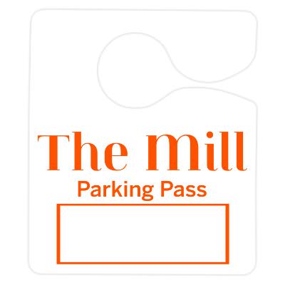 3-in. x 3-1/2-in. white plastic hanging parking permit with custom promotional logo.