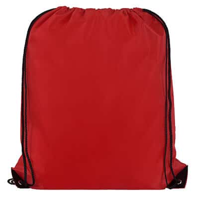 Blank polyester red drawstring bag with reinforced corners.
