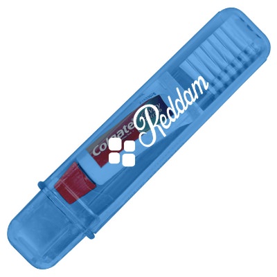 Translucent blue toothbrush with a personalized logo.