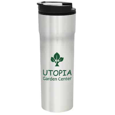 Stainless steel black tumbler with custom imprint in 16 ounces.