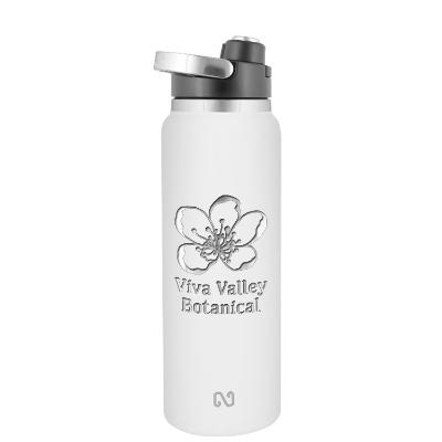 Stainless white sports bottle with custom engraved imprint in 40 oz.
