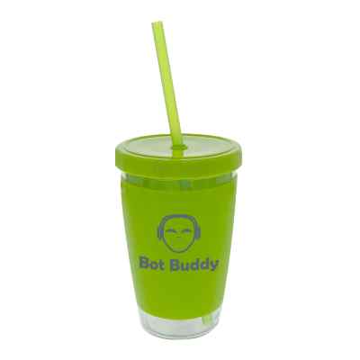 Lime tumbler with custom logo and straw.
