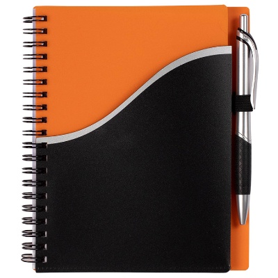 Orange notebook with front pocket and pen.