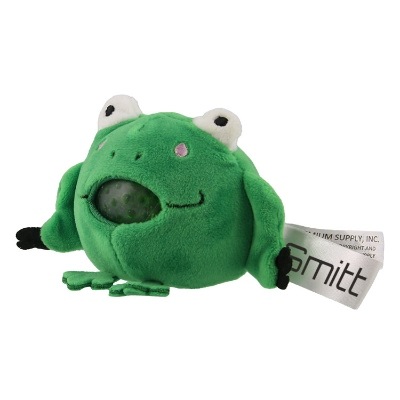 Green plush stress buster with a custom imprint.