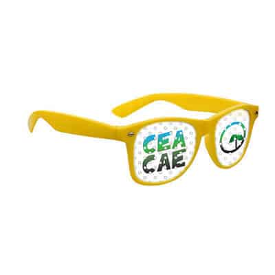 Polycarbonate yellow throwback specs with full color imprint.