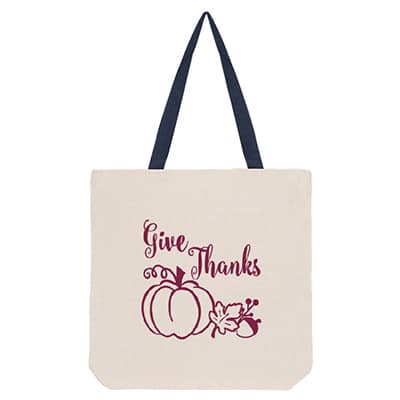 Natural cotton tote bag with navy handles, customized design and reinforced handles.