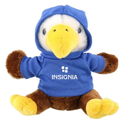 Plush and cotton eagle with royal blue hoodie with custom logo.