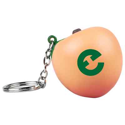 Foam peach stress ball keychain with a personalized imprint.