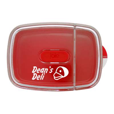 Red joie sandwich and snack container with promotional logo.