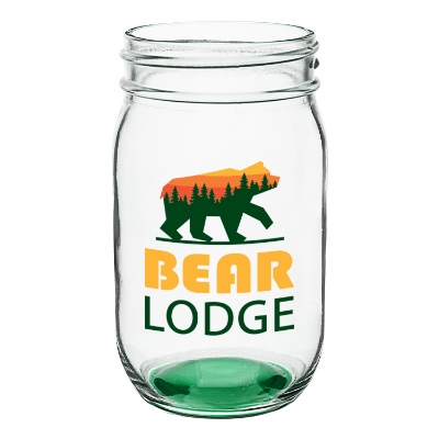 Green mason jar with full color logo.