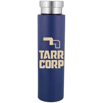 Stainless steel navy blue water bottle with custom imprint in 24 ounces.