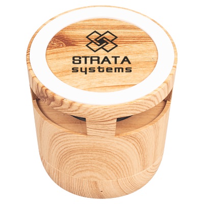 Wood plastic charger with a branded logo.
