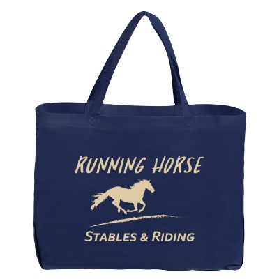 Non-woven polypropylene navy tote with personalized logo.