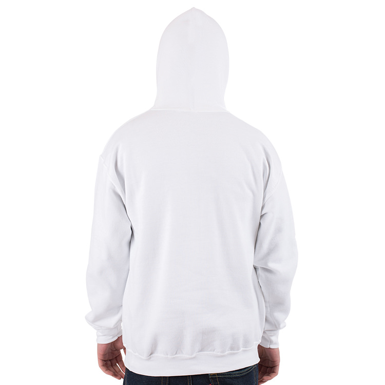 Custom imprinted white hooded sweatshirt.