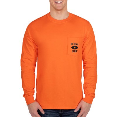 Custom imprint on orange long sleeve t-shirt.