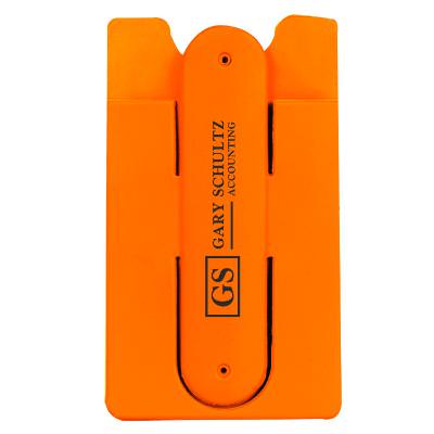 Orange silicone phone wallet with customized logo on stand.