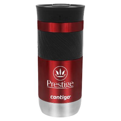 Red tumbler with engraved logo.