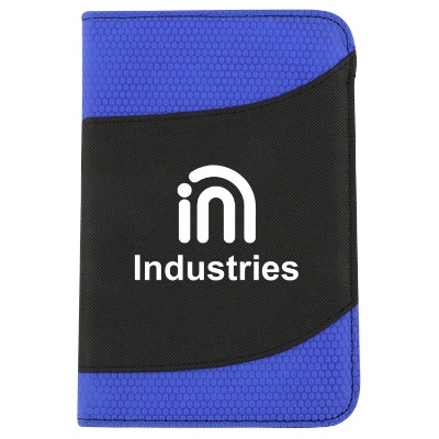 Royal blue with black padfolio with logo.