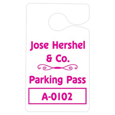 White plastic 3-1/2-in. x 6"-in. hanging parking permit with promotional printed logo.